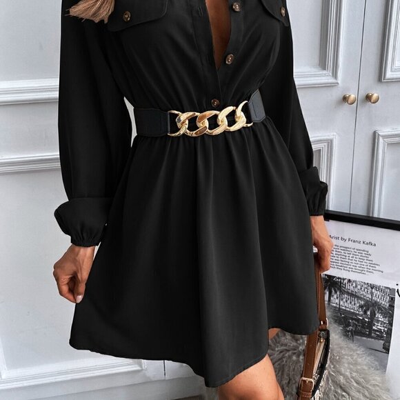 Black Casual Women's Lantern Sleeve Flap Detail Shirt Dress Without Belt - Picture 5 of 7